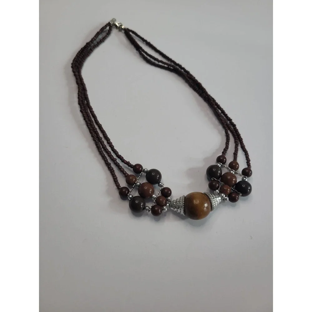 Brown Multi Strand Beaded Necklace Silver Tone Boho Statement Tribal Style